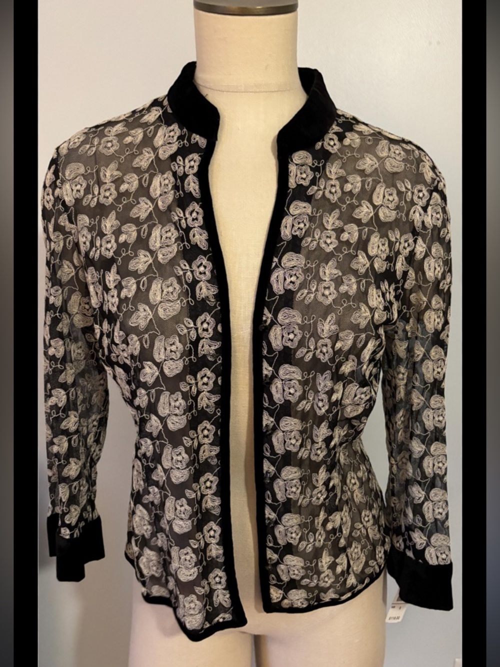 Talbots Black Jacket with  Ivory  Floral Lace Overlay and Velvet Trim